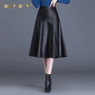夏典素訂女王（SE.PSTP）皮裙半身裙女秋冬新款a字大碼過(guò)膝中長(cháng)款高腰百褶裙新款超火裙子 黑色 XL 【2尺2建議112-122斤】