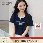 熙世界sllsky2025夏季新款美式復古假兩件T恤女短袖休閑圓領印花上衣 寶藍色 L