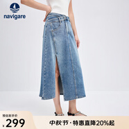 Navigare意大利小帆船女士牛仔半身裙25春秋季新款時尚開衩A字裙百搭長裙 牛仔藍 S