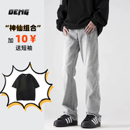 OEMG美式水洗牛仔褲子男春秋夏季直筒cleanfit顯腿牌寬松微喇長褲男 水泥灰+上衣兩件裝 XL [建議120-135斤]