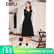 百圖betu女裝冬季新款連衣裙撞色V領修身顯瘦甜美小黑裙女2311T67 黑色 L