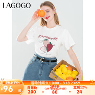 lagogo純棉撞色草莓印花T恤女拉谷谷夏季新款正肩圓領短袖上衣 本白色(V1) M