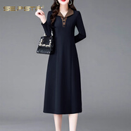 夏典素訂女王（SE.PSTP）高端長(cháng)袖連衣裙女2026春秋季新款中年媽媽裝洋氣紅色長(cháng)裙子 藏藍色 5XL 【建議145-160斤】
