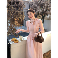 舒芳蝶（shufangdie）韓版掛脖針織長袖連衣裙女2025新款溫柔風收腰氣質修身秋季長裙子 粉色 S