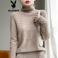 花花公子（PLAYBOY）2025休閑新品羊.毛衫女堆堆領(lǐng)毛衣鏤空提花羊.絨衫高領(lǐng)針織打底 原絨駝 【原版】官方旗艦版 S