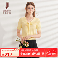 經(jīng)典故事（JANE STORY）經(jīng)典故事蝴蝶結(jié)系帶針織衫女2024夏季新款肌理感格紋上衣短袖小衫 黃色 XL