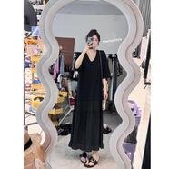 晶咕【現貨5折】【海邊日記】?jì)煞N不同面料拼接V領(lǐng)寬松短袖連衣裙百搭 黑色【高個(gè)子版本】 1 均碼