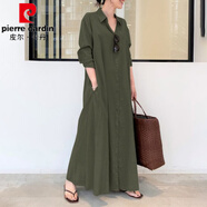 皮爾卡丹春秋大碼長(cháng)裙減齡大擺裙棉麻翻領(lǐng)長(cháng)袖插袋寬松休閑襯衫亞麻連衣裙 軍綠色 M 【90-115斤】