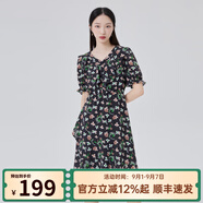 艾萊依（ERAL）商場(chǎng)同款連衣裙女泡泡袖花影連衣裙V領(lǐng)設計感碎花裙子小清新長(cháng)裙 黑底色花 M 160/84A