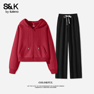 班尼路S&K系列兩件套女裝連帽短開(kāi)衫外套搭配休閑直筒闊腿長(cháng)褲運動(dòng)套裝 車(chē)厘子紅#純色+黑#純色 M