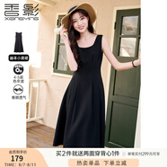 香影（xiangying）黑色吊帶連衣裙女2025春夏新款垂墜感氣質(zhì)收腰無袖雪紡小黑裙 黑色 S