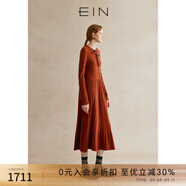 EIN言靜奢風(fēng)綿羊毛綁帶蝴蝶結(jié)撞料收腰氣質(zhì)針織連衣裙24秋季新款珊瑚紅M