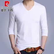 皮爾卡丹（pierre cardin）2025春秋季長(cháng)袖t恤男半高立領(lǐng)薄款上衣純色打底衫 V領(lǐng)-白色 春秋款 4XL 190推薦180-200斤