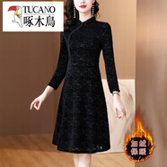 啄木鳥(niǎo)（TUCANO）黑色改良旗袍連衣裙女士加絨加厚2025秋冬季新款媽a媽氣質(zhì)蕾絲裙 黑色 L
