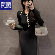 羅蒙針織連衣裙女2024秋冬復古純欲風(fēng)娃娃領(lǐng)彈力修身顯瘦撞色包臀裙子 黑色 均碼
