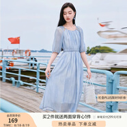 香影溫柔風粉色連衣裙女2025夏季新款超好看五分袖海邊度假沙灘裙 藍色 M