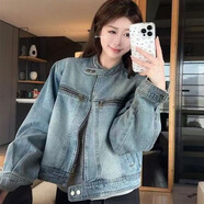 妹丫復古立領(lǐng)短款牛仔外套女春秋2025新款小個(gè)子百搭鹽系機車(chē)夾克上衣 圖片色 S