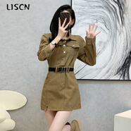LISCN設(shè)計(jì)小眾牛仔裙短裙女士秋冬甜美清涼款長(zhǎng)袖工作服純色款甜美辣臀 卡其色配腰帶 S