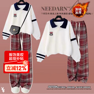 莞町青少年女大童13-15歲初中生12-15歲女孩衣服秋季套裝2025年新款 白色上衣+紅格子褲（加絨加厚） 160 cm