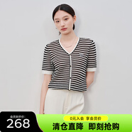 敦奴（DUNNU）dunnu敦奴2024夏季新款V領(lǐng)顯瘦鏤空撞色條紋針織衫女 正黑色 L