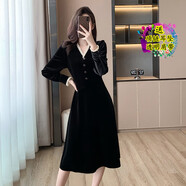 天啟世紀2025秋冬韓版名媛氣質(zhì)絲絨V領(lǐng)長(cháng)袖連衣裙黑色小禮服女打底裙長(cháng)裙 黑色原版 S