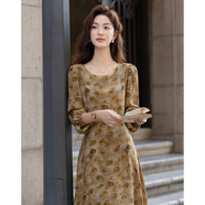 德瑪納【復古花園】秋季法式碎花收腰X型氣質(zhì)小個(gè)子可調節腰帶女連衣裙
