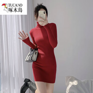 啄木鳥(niǎo)高檔半高領(lǐng)針織連衣裙女2025秋冬內搭配大衣修身收腰包臀打底毛衣 棗紅色 高領(lǐng) S 80-100斤