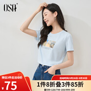 歐莎（OSA）白色短款T恤女士夏季新款衣服短袖印花顯瘦正肩上衣體恤修身 淺藍(lán)色 L