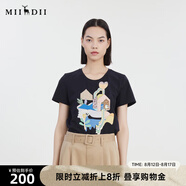 謎底夏季新款圓領(lǐng)特色印花T恤短袖女修身繡花上衣232MT0683 黑色 S