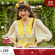 兩三事梵高系列 向夏日葵 夏季新款復(fù)古蕾絲格子印花連衣裙 黃色 M
