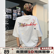 404MOBGANG【明星同款】手寫(xiě)花卉刺繡重磅短袖T恤美式寬松涼感防曬情侶 白花灰色 L