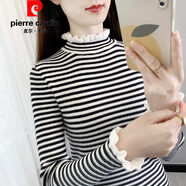 皮爾卡丹（pierre cardin）打底衫女新款荷葉邊條紋針織衫上衣修身緊身內搭春秋季半高領(lǐng)毛衣 白色 S