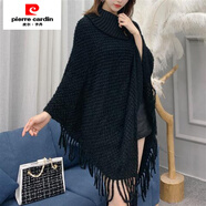 皮爾卡丹（pierre cardin）蝙蝠衫女秋冬流蘇披肩斗篷式外套毛線衣外搭針織衫中長(zhǎng)款翻領(lǐng)上衣 黑色