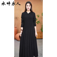 水畔衣人高檔連帽毛衣裙女長(cháng)款休閑針織連衣裙大碼秋冬季韓版寬松打底長(cháng)裙 黑色送運費險 L 105-115斤