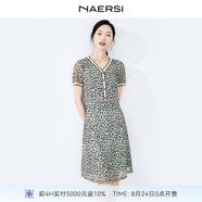 娜爾思（NAERSI）時(shí)尚豹紋印花v領(lǐng)顯瘦收腰連衣裙新款通勤裙 灰孔雀藍色 3XL 46