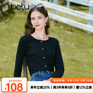 百圖betu女裝秋新款T恤圓領長袖精致蝴蝶結紐扣針織T恤女2308T19 黑色 S