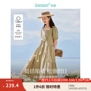 茵曼（INMAN）純棉復(fù)古連衣裙2025夏季女裝新品立體碎褶分割短袖A字長裙子 軍綠色 S