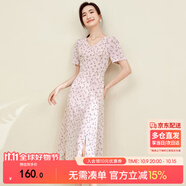 尚都比拉夏季V領(lǐng)碎花連衣裙中長(zhǎng)款收腰顯瘦氣質(zhì)印花裙子 粉底花色 S 