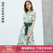 顏域印花連衣裙女士秋裝新款時(shí)尚減齡收腰顯瘦碎花裙子 綠色短袖 S/36