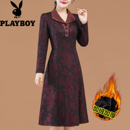 花花公子（PLAYBOY）秋冬連衣裙加絨裙2023新款洋氣時尚中年媽媽裝冬季打底女裙子 紅色牡丹花 XL (建議90-110斤)