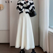 嫻槐黑色加厚流蘇毛線(xiàn)針織半身裙女秋冬天新款高腰垂感a字大擺中長(cháng)裙 杏色 S