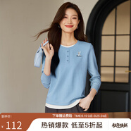 熙世界（sllsky）時(shí)尚刺繡假兩件圓領(lǐng)針織t恤長(cháng)袖打底衫上衣2025春秋新款 灰藍色 XL