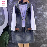 真即休閑時尚牛仔馬甲+T恤+短裙套裝大碼女裝顯瘦氣質(zhì)韓版早秋新款 藍(lán)色牛仔三件套 3XL (125-145)