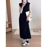 浣伊毛線連衣裙長(zhǎng)款秋冬V領(lǐng)毛衣裙女慵懶風(fēng)過膝內(nèi)搭馬甲針織背心 黑色 S