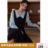 獨束大碼女裝假兩件撞色襯衫領(lǐng)連衣裙女秋冬微胖mm文藝復古穿搭裙子 墨染黑【適合165左右】 L