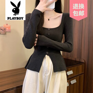 花花公子（PLAYBOY）品牌紅方領(lǐng)針織打底衫女早秋穿搭短款毛衣長(cháng)袖秋冬 灰【精致/巨好看輕熟/江浙滬千金 L