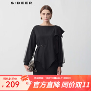 S.DEER圣迪奧女裝OL風圓領網(wǎng)紗不規(guī)則襯衫S243Z0528 黑色/91 L 170