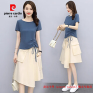 皮爾卡丹（pierre cardin）2025夏季新款時(shí)尚休閑女裝小個(gè)子亞麻兩件套連衣裙高端棉麻套裝裙 藍+米 M (建議105斤內)