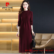 皮爾卡丹（pierre cardin）半高領(lǐng)羊毛連衣裙女2025長款過膝毛衣裙配大衣A字型長裙冬 酒紅色 L 建議100-110斤