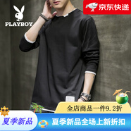 花花公子（PLAYBOY）長(cháng)袖T恤男春秋 男士運動(dòng)圓領(lǐng)上衣潮流寬松打底衫男裝 黑色 M
